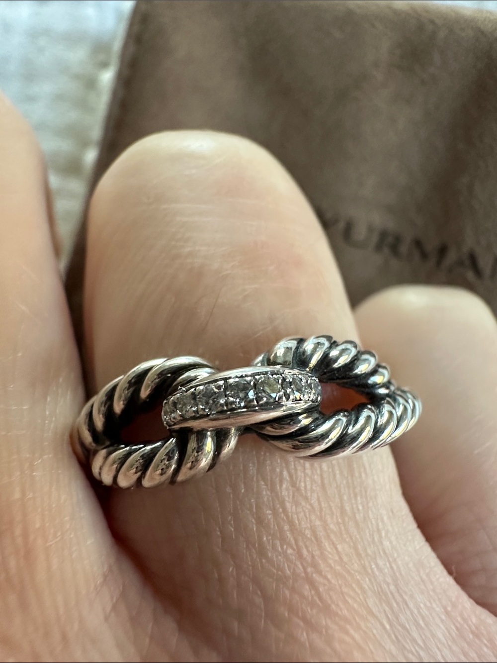 David Yurman Sterling Silver Twisted Rope Knot Ring with Pavé Diamonds sz 7